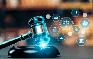 A gavel resting on a computer keyboard, illustrating legal cybersecurity and compliance.