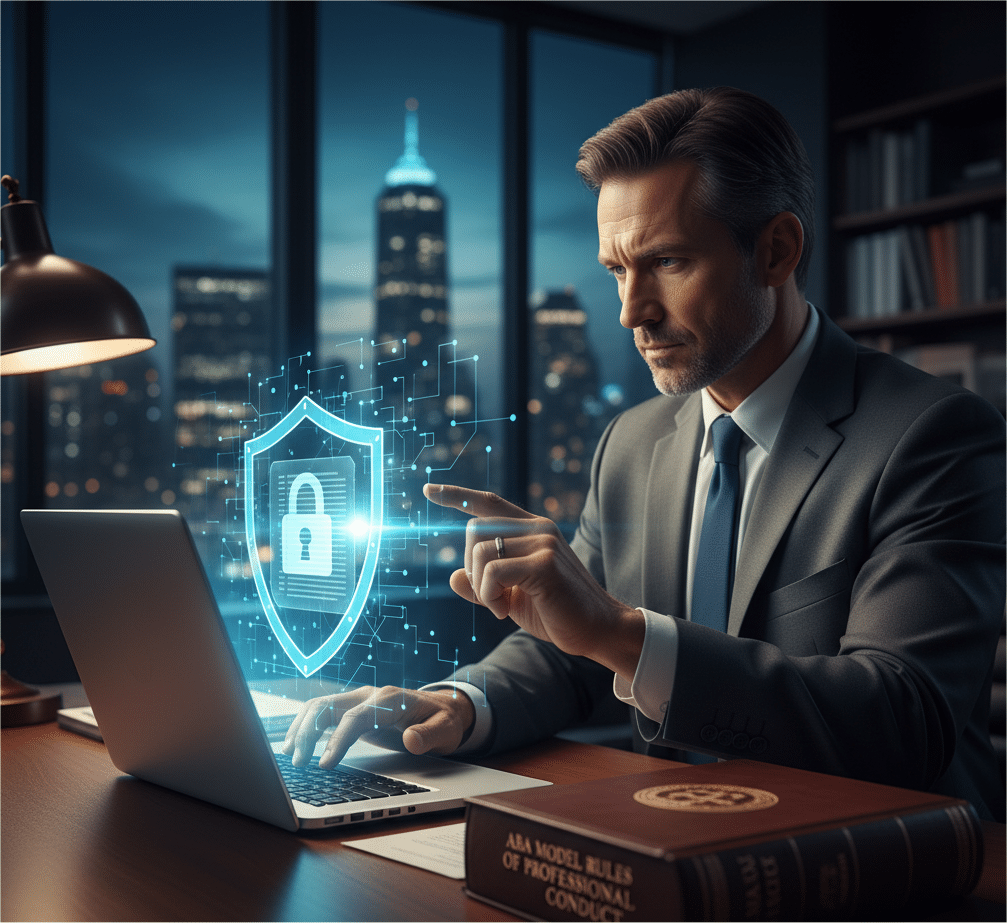 Attorney securing confidential client data on a laptop with a digital lock icon.