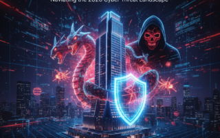 Illustration of a high-rise building protected by a glowing blue digital shield from a three-headed dragon and a hooded hacker. Tip: If the image contains critical text, include it: "Digital Practice Under Siege: Navigating the 2026 Cyber Threat Landscape."