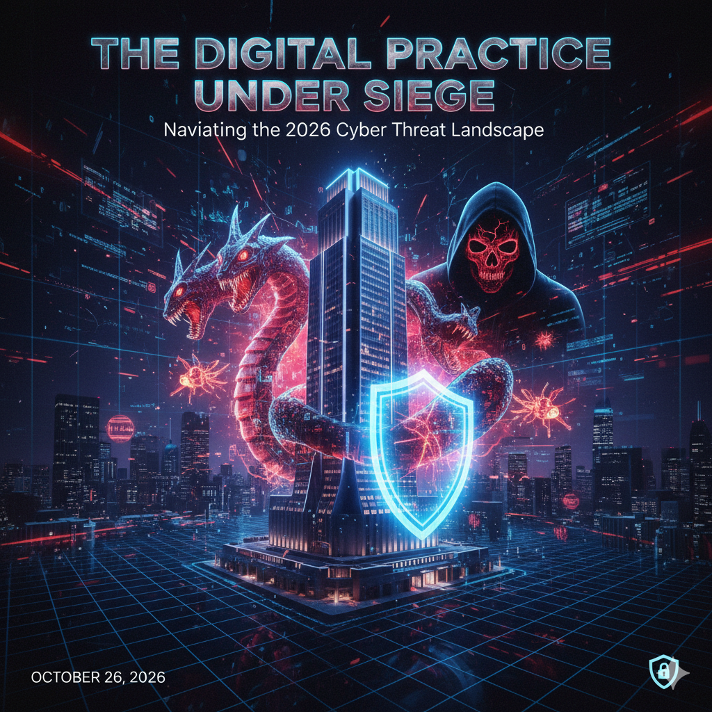 Illustration of a high-rise building protected by a glowing blue digital shield from a three-headed dragon and a hooded hacker. Tip: If the image contains critical text, include it: "Digital Practice Under Siege: Navigating the 2026 Cyber Threat Landscape."