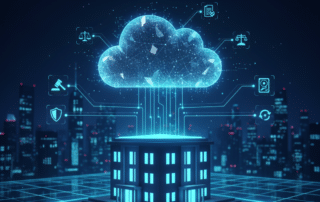 Illustration of cloud computing technology for law firms with servers and data connections.