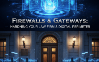 A diagram showing a digital firewall protecting a law firm's network gateway with a secure barrier icon.
