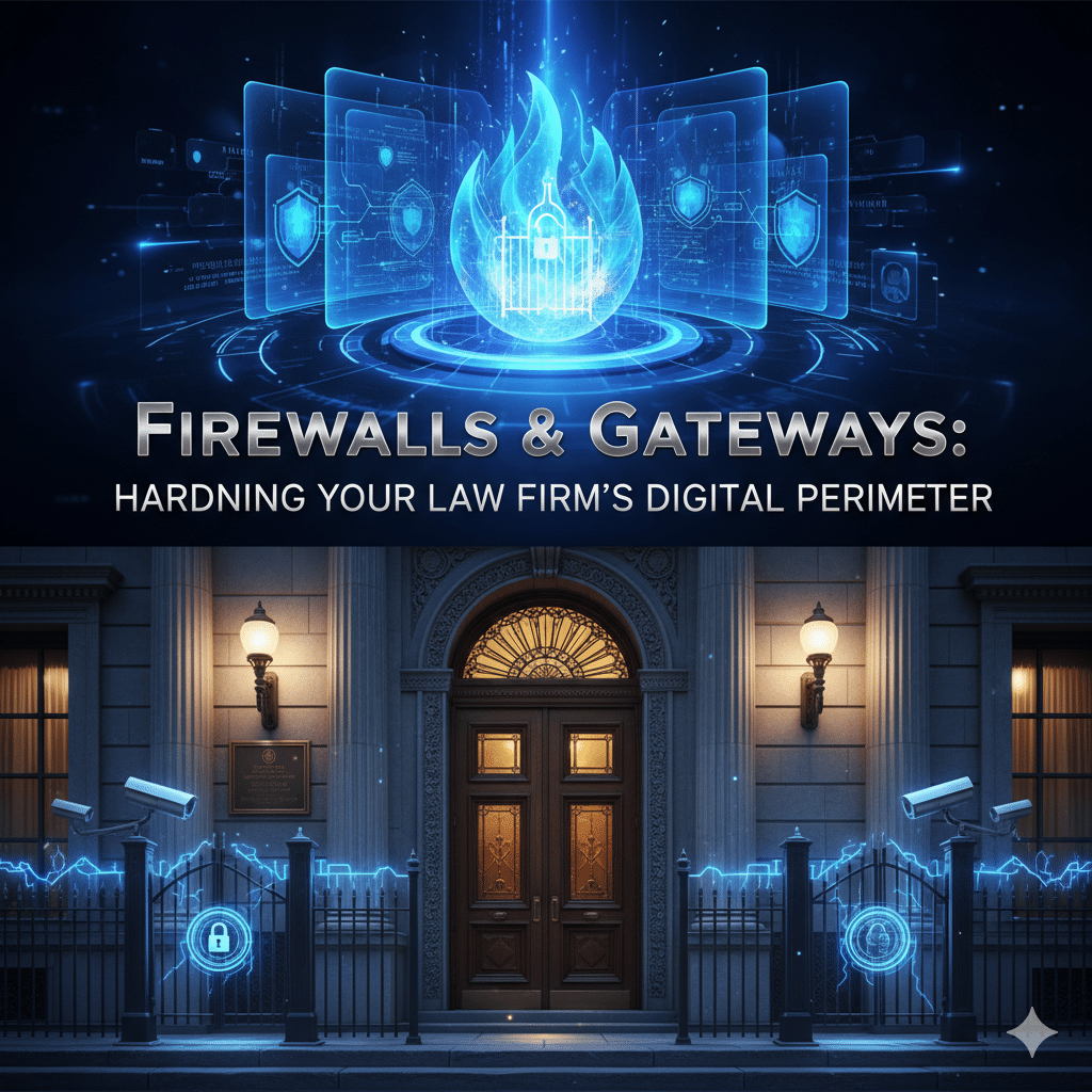 A diagram showing a digital firewall protecting a law firm's network gateway with a secure barrier icon.