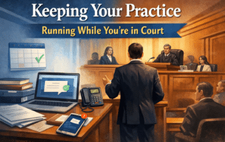 A solo lawyer using secure IT solutions to manage their law firm from a courtroom. Keeping Your Practice Running