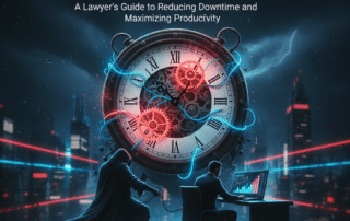 Illustration showing a glowing clock representing the billable hour silent killer in a law firm.