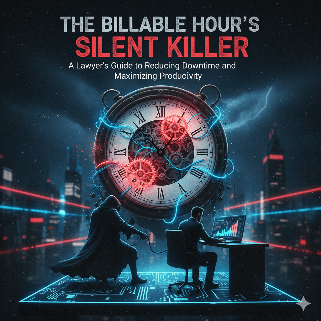 Illustration showing a glowing clock representing the billable hour silent killer in a law firm.