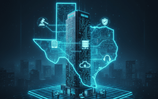 A high-tech digital illustration of a skyscraper in a Texas-shaped outline, featuring glowing blue circuitry and cybersecurity icons representing IT support for law firms.