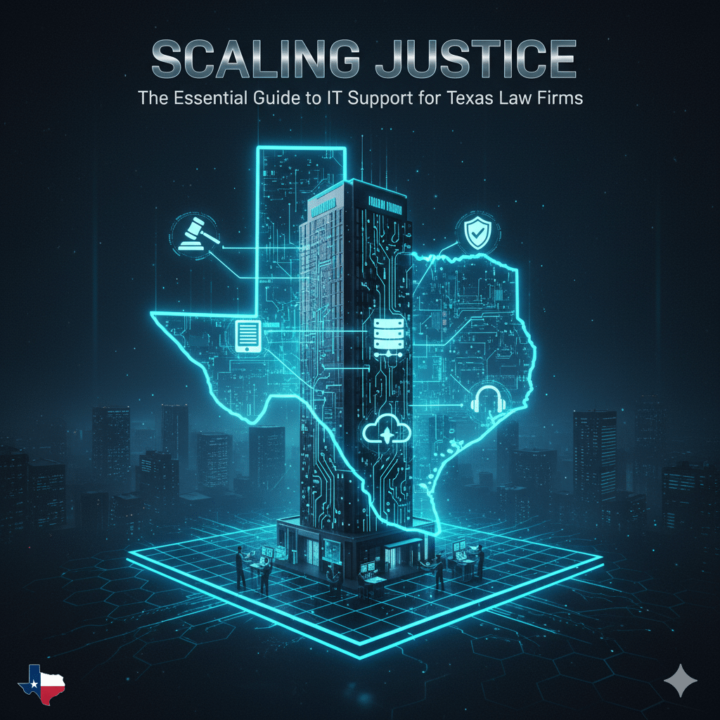 A high-tech digital illustration of a skyscraper in a Texas-shaped outline, featuring glowing blue circuitry and cybersecurity icons representing IT support for law firms.