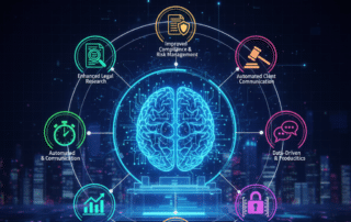 Futuristic graphic showing a digital brain surrounded by legal icons like a gavel and scales, with text: 7 Game-Changing Benefits of Integrating AI into Your Legal Practice.