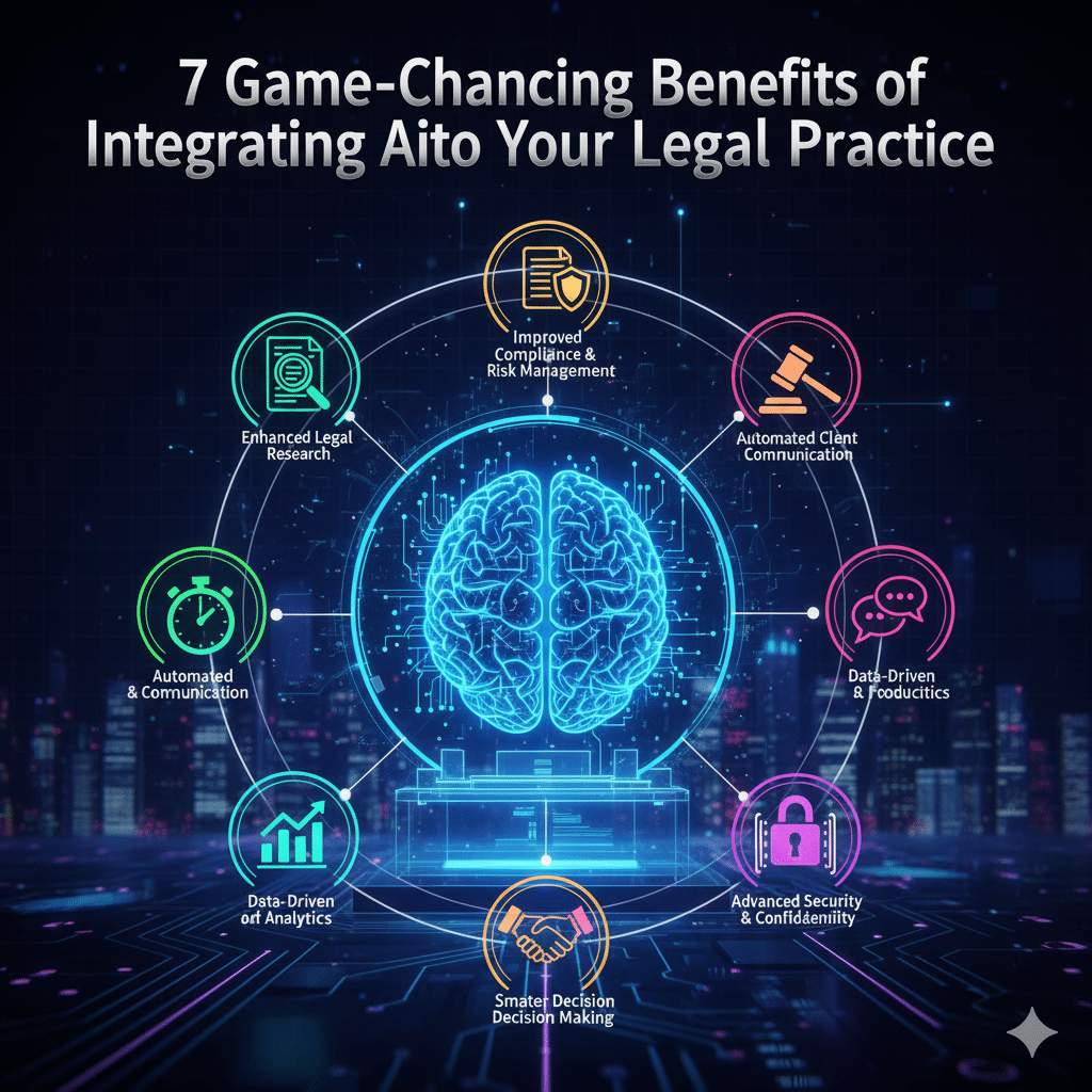 Futuristic graphic showing a digital brain surrounded by legal icons like a gavel and scales, with text: 7 Game-Changing Benefits of Integrating AI into Your Legal Practice.