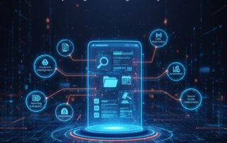 Essential tools for legal productivity infographic showing a smartphone with a digital case management system interface.