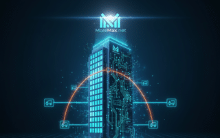 Digital illustration of a modern smart building with glowing blue data connection lines and icons, representing interconnected technology.