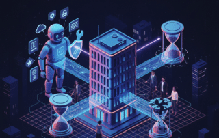 Isometric digital illustration featuring a modern office building surrounded by glowing hourglasses and scales of justice on a dark background.