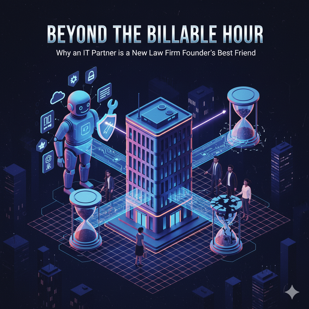 Beyond the Billable Hour – Law Firm Efficiency Illustration Isometric digital illustration featuring a modern office building surrounded by glowing hourglasses and scales of justice on a dark background.