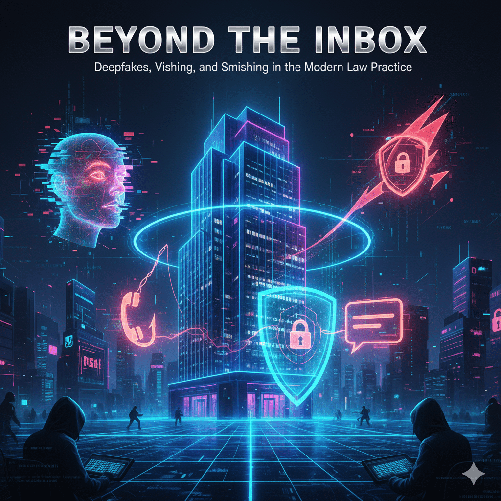 Futuristic neon-style digital illustration titled 'Beyond the Inbox' featuring a cityscape with cybersecurity icons like shields and locks.