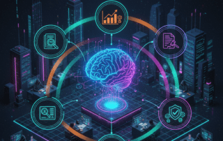 A glowing digital brain surrounded by a network of icons representing AI, legal research, and data analytics.