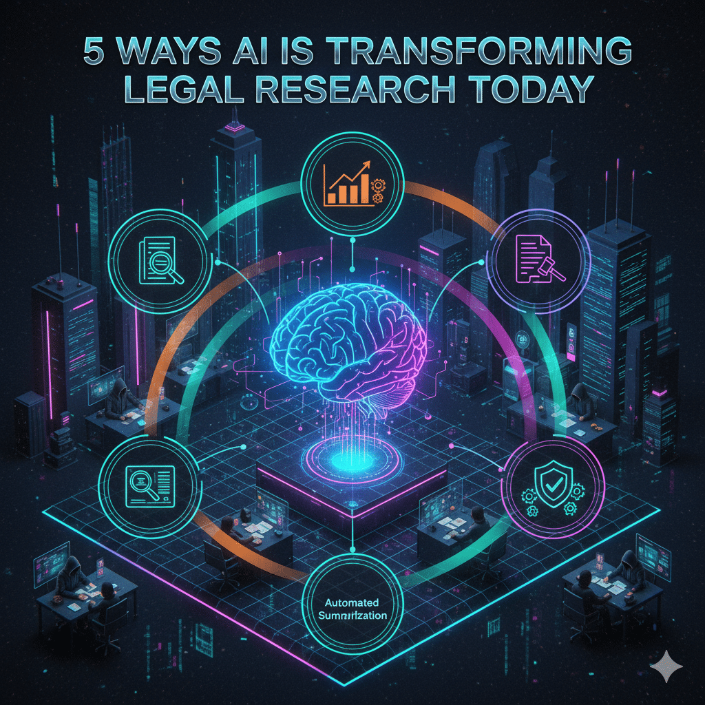 A glowing digital brain surrounded by a network of icons representing AI, legal research, and data analytics.