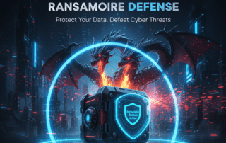 A glowing digital vault protected by a blue energy shield against a fiery background, illustrating the concept of immutable backups for ransomware defense.
