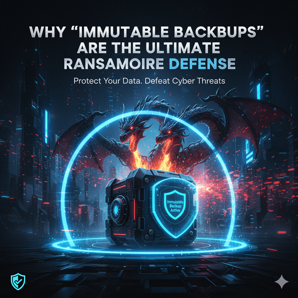 A glowing digital vault protected by a blue energy shield against a fiery background, illustrating the concept of immutable backups for ransomware defense.