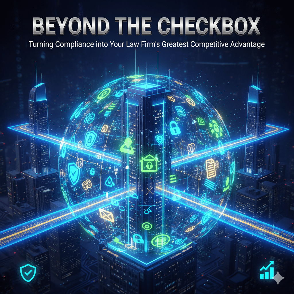 Beyond the Checkbox graphic illustrating modern law firm IT compliance strategies and data security