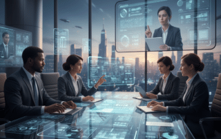 Legal professionals collaborating in a modern office, utilizing advanced tech interfaces for the **future of law** in the **US** by **2026**. The scene depicts trends and innovations shaping the legal industry.