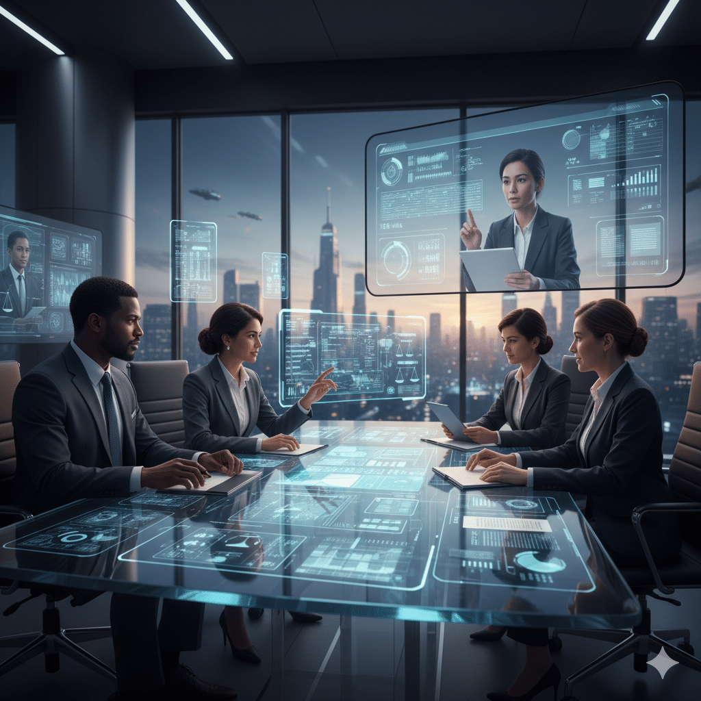 Legal professionals collaborating in a modern office, utilizing advanced tech interfaces for the **future of law** in the **US** by **2026**. The scene depicts trends and innovations shaping the legal industry.