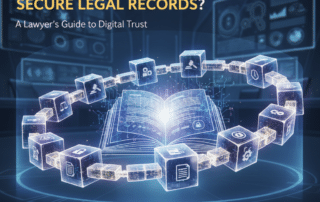 A futuristic digital illustration showing interconnected glowing blocks (representing blockchain) forming a circle around an open book with glowing legal symbols. The title 'IS BLOCKCHAIN THE FUTURE OF SECURE LEGAL RECORDS? A Lawyer's Guide to Digital Trust' is visible at the top. The background is a dark, high-tech interface with glowing elements.