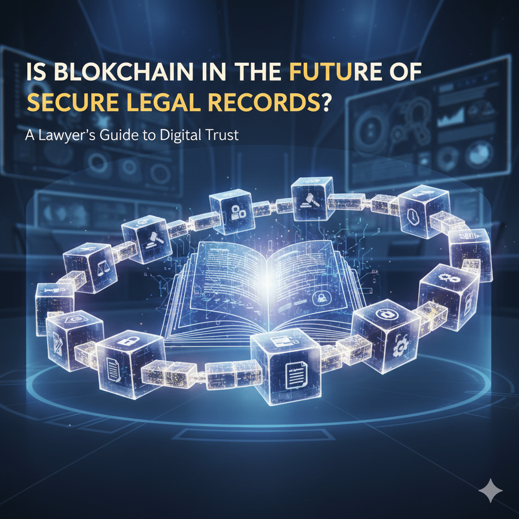 A futuristic digital illustration showing interconnected glowing blocks (representing blockchain) forming a circle around an open book with glowing legal symbols. The title 'IS BLOCKCHAIN THE FUTURE OF SECURE LEGAL RECORDS? A Lawyer's Guide to Digital Trust' is visible at the top. The background is a dark, high-tech interface with glowing elements.