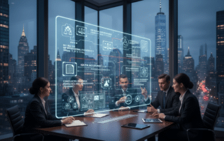 Lawyers in a New York office discussing law firm compliance and digital data security.