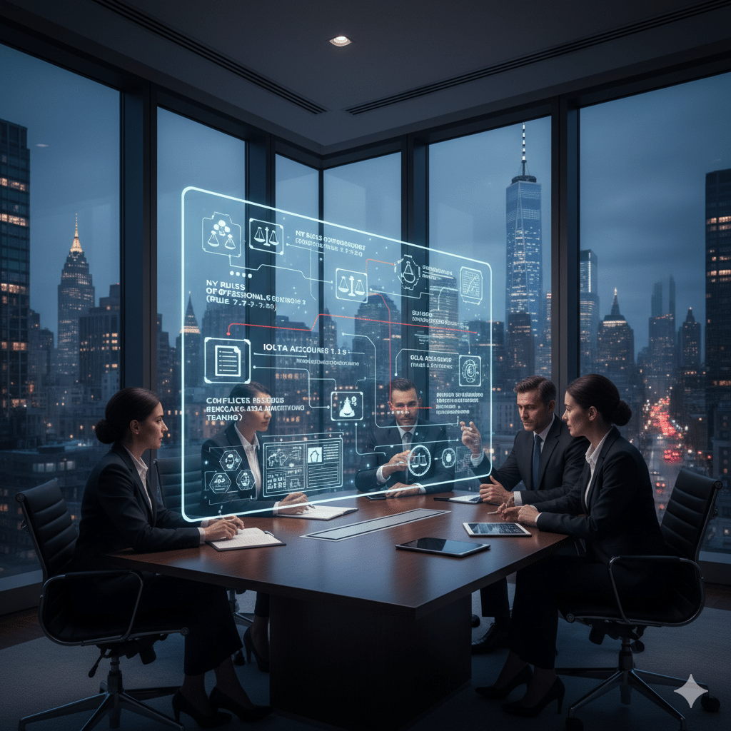 Lawyers in a New York office discussing law firm compliance and digital data security.