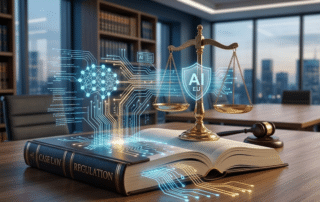 A digital neural network emerging from a legal case law book with a golden scale of justice, representing U.S. AI regulation and legal technology in 2026.