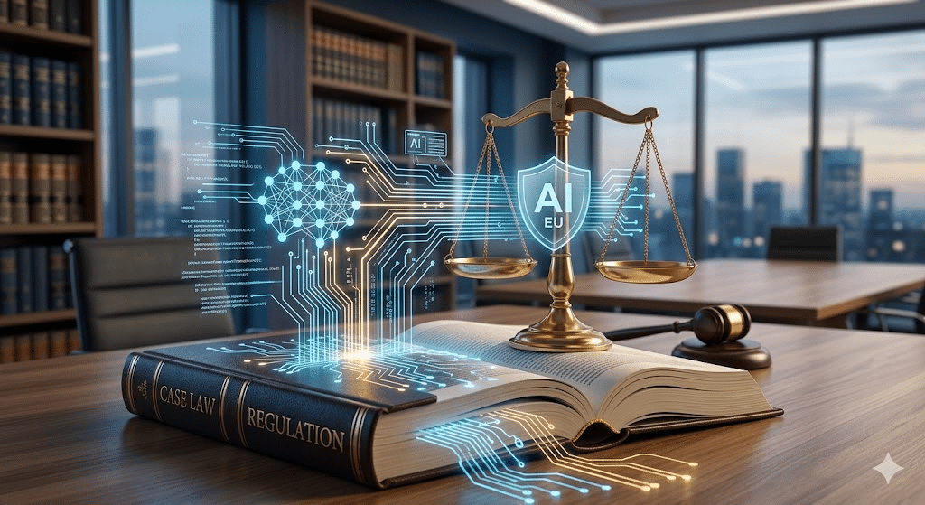 Regulatory Update – Navigating the U.S. AI Legal Landscape in 2026 A digital neural network emerging from a legal case law book with a golden scale of justice, representing U.S. AI regulation and legal technology in 2026.
