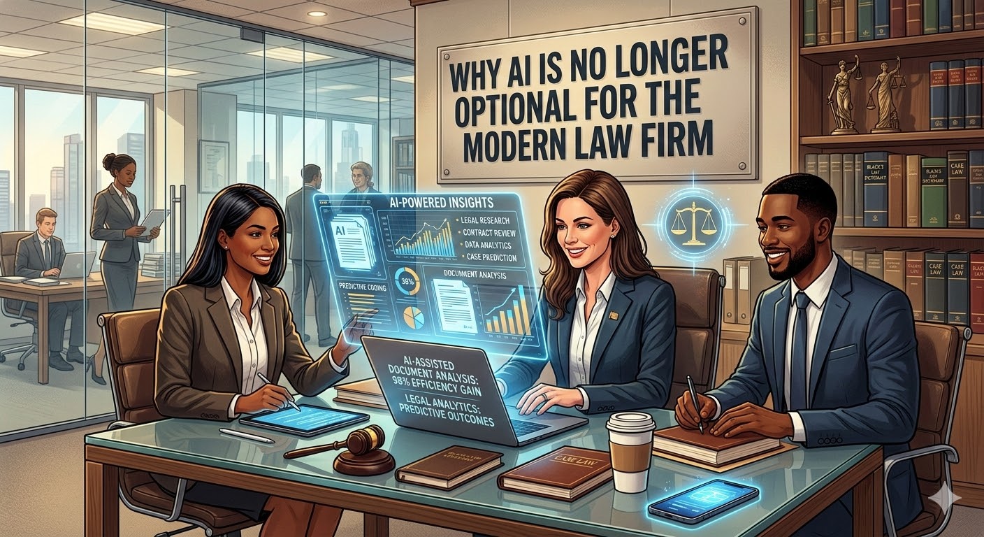 An illustration of three lawyers in a modern office looking at a futuristic digital holographic display that reads "AI-POWERED INSIGHTS" and mentions specific AI tasks like "Document Analysis" and "Legal Analytics."