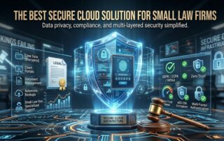 A gavel and a blue holographic security shield icon representing secure cloud technology for law firms.