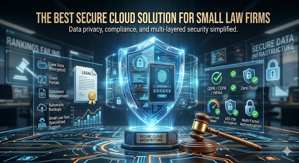 A gavel and a blue holographic security shield icon representing secure cloud technology for law firms.