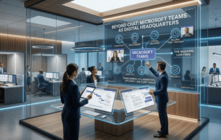 Microsoft Teams for law firms digital interface on a laptop in a modern law office setting with a gavel.