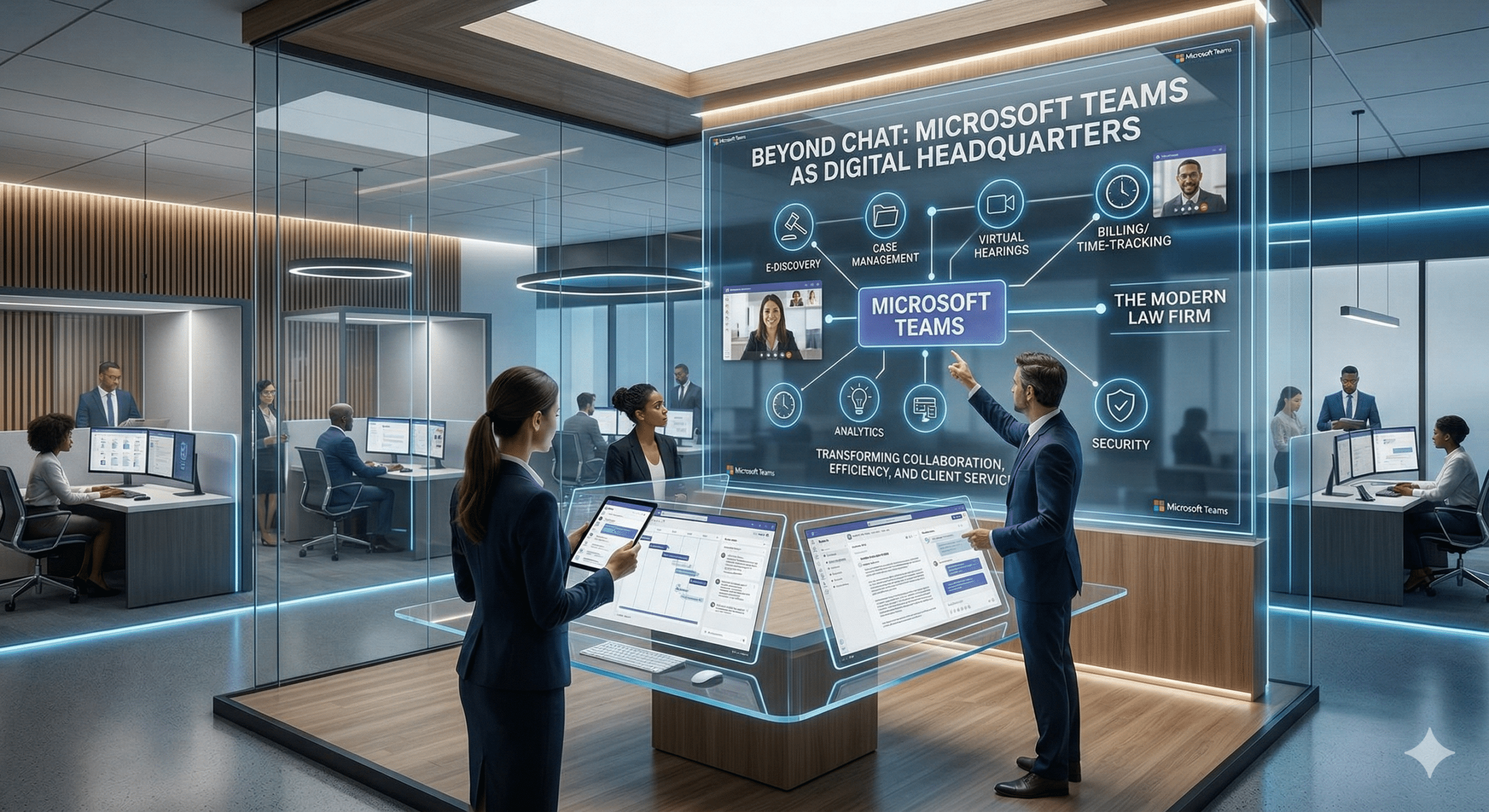 Microsoft Teams for law firms digital interface on a laptop in a modern law office setting with a gavel.
