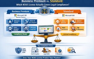 Infographic comparing Microsoft 365 Business Premium vs. Standard for law firms, highlighting security features like Intune and advanced data protection.