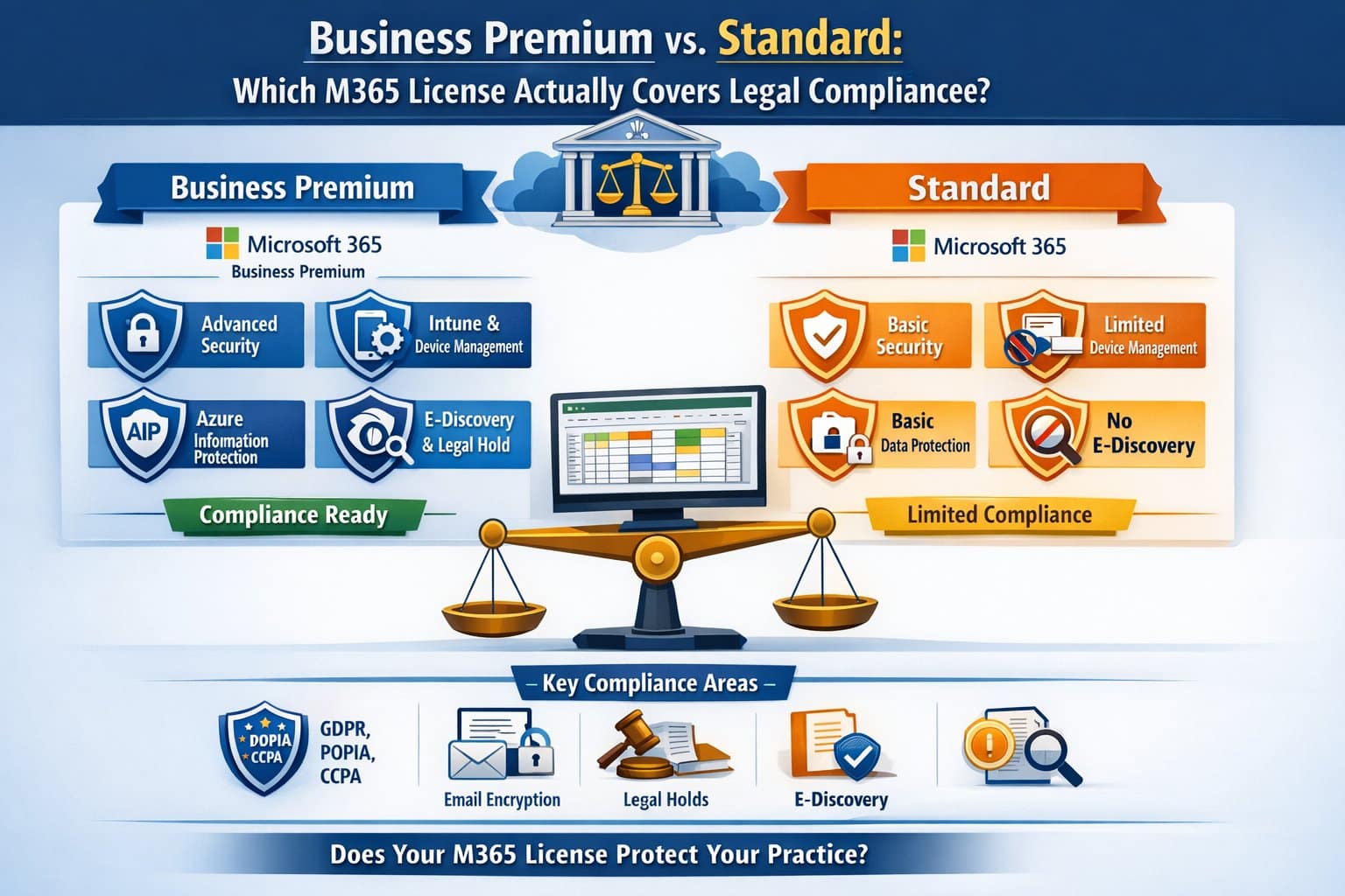 Infographic comparing Microsoft 365 Business Premium vs. Standard for law firms, highlighting security features like Intune and advanced data protection.