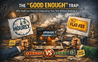 Conceptual illustration of the conflict between Hourly vs Flat Fee IT models for law firms.