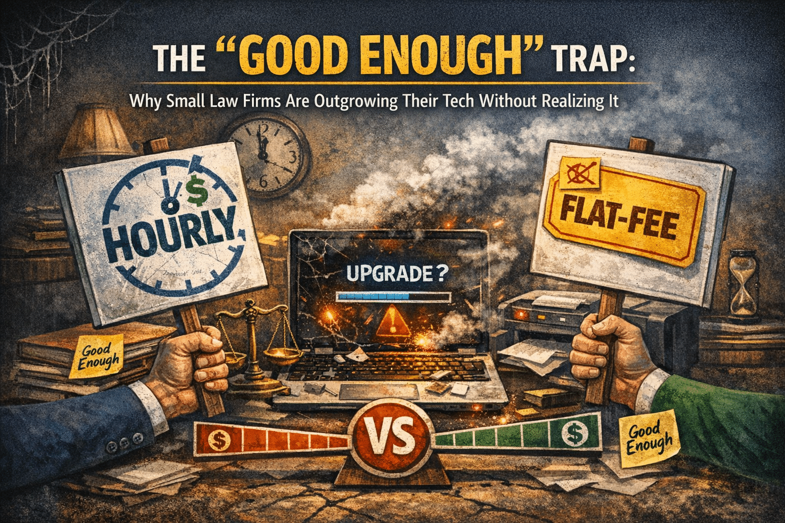 Conceptual illustration of the conflict between Hourly vs Flat Fee IT models for law firms.