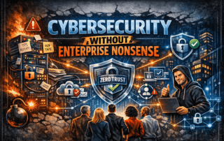 Graphic showing practical cybersecurity for lawyers, featuring a professional securing client data without complex enterprise tools.