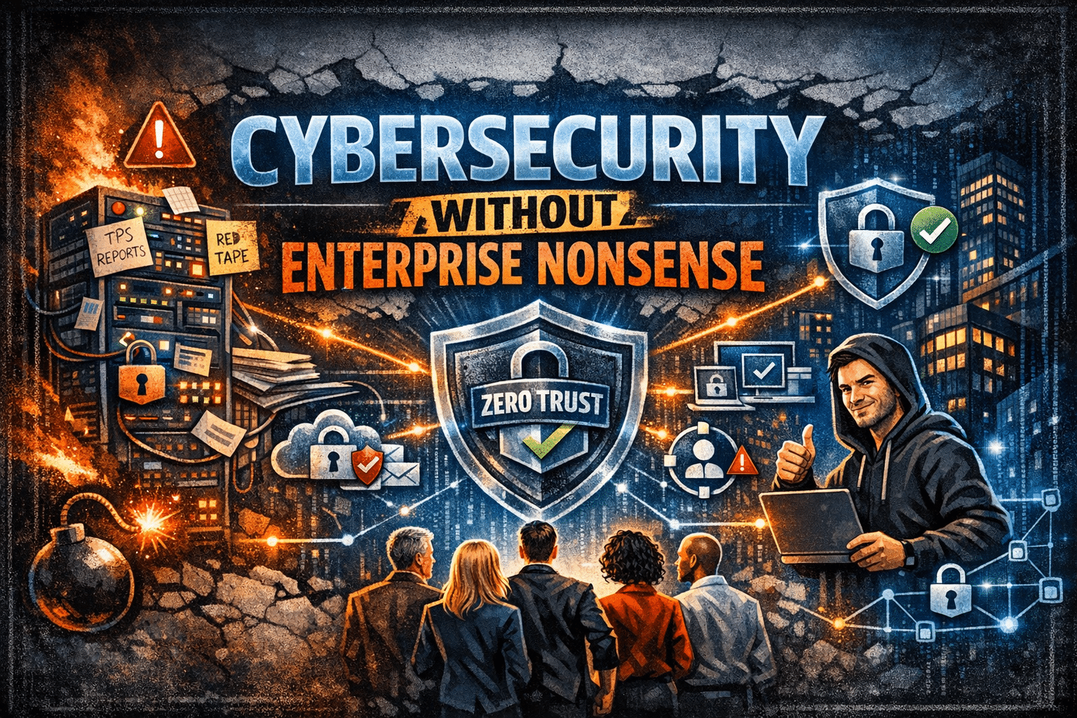 Graphic showing practical cybersecurity for lawyers, featuring a professional securing client data without complex enterprise tools.