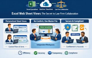 Infographic showing Excel Web Sheet Views for law firms, allowing multiple attorneys to filter and sort shared case data without disrupting each other's view.