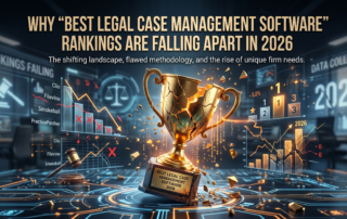 A gold trophy and wooden legal gavel against a digital law office background, illustrating why legal case management software rankings are failing law firms.