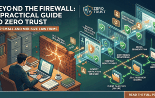 A lawyer working at a desk with a digital overlay showing a secure network of connected shields and locks, representing a Zero Trust cybersecurity environment.