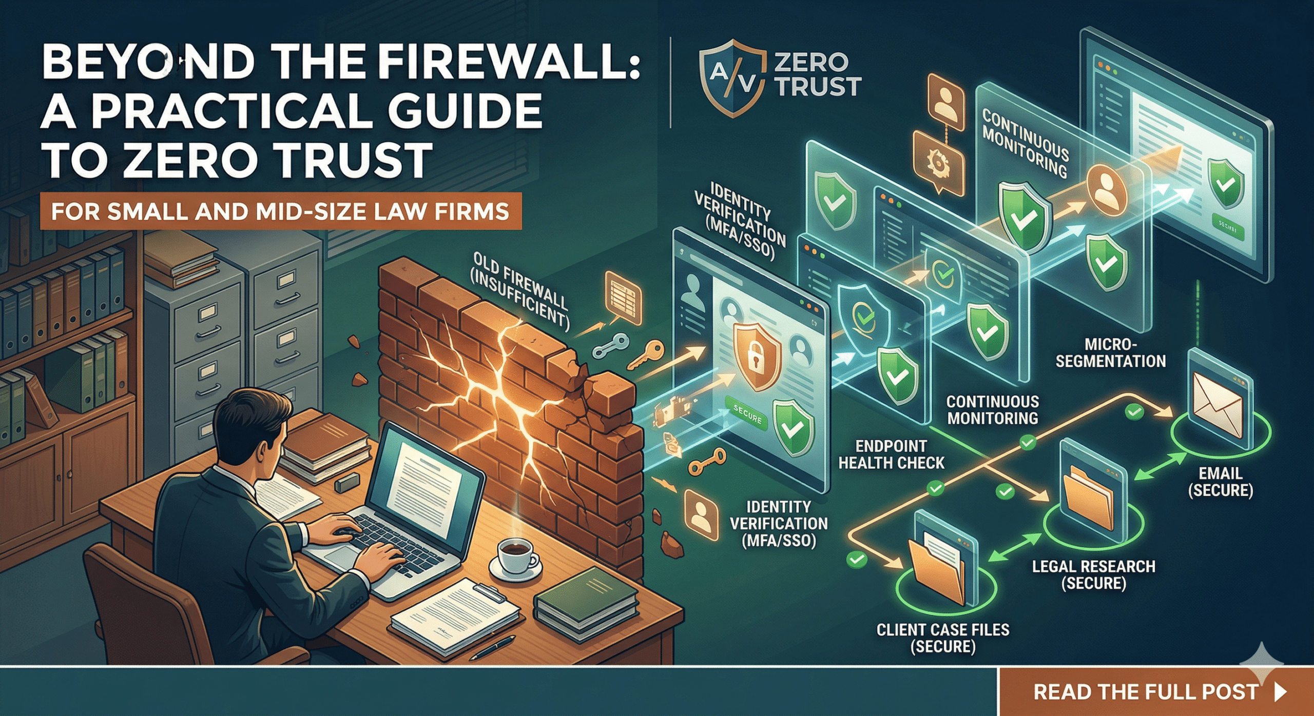 A lawyer working at a desk with a digital overlay showing a secure network of connected shields and locks, representing a Zero Trust cybersecurity environment.