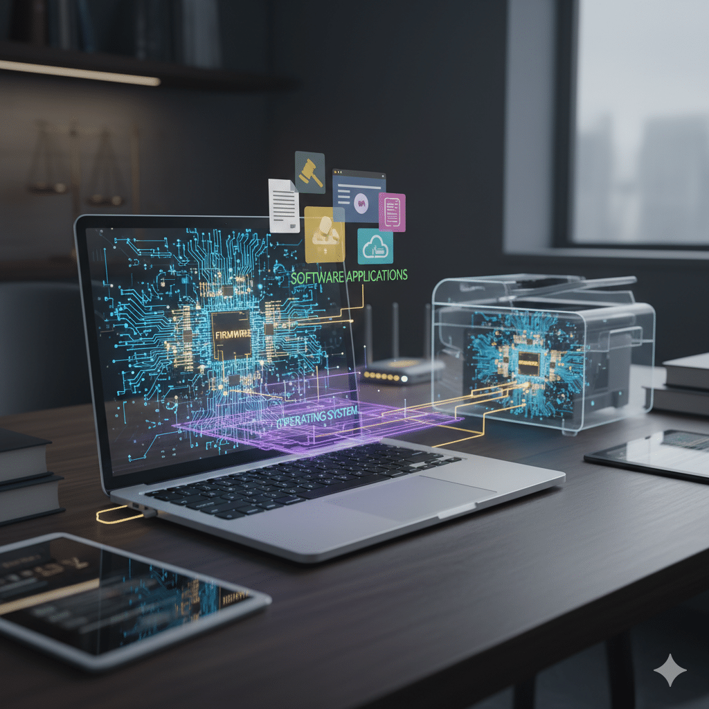 Diagram showing firmware and operating system layers within a laptop and printer, with software applications floating above, illustrating how different software interacts with hardware in a legal office setting.