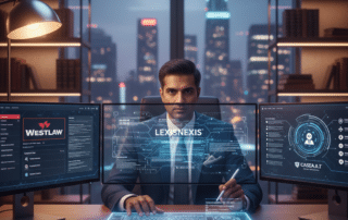 Digital workstation showing legal research platforms including LexisNexis, Westlaw, and Casetext being used by a lawyer.