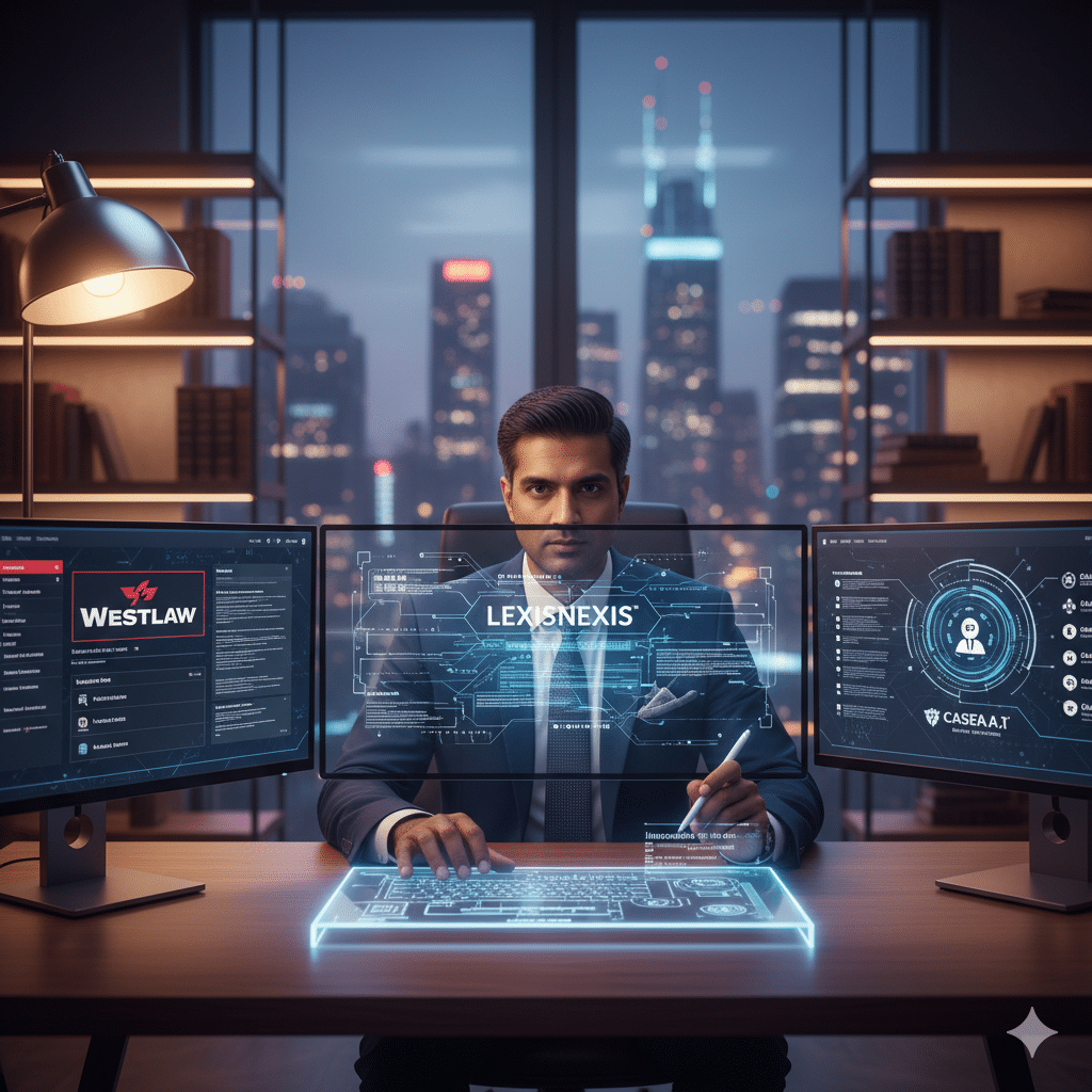 Digital workstation showing legal research platforms including LexisNexis, Westlaw, and Casetext being used by a lawyer.